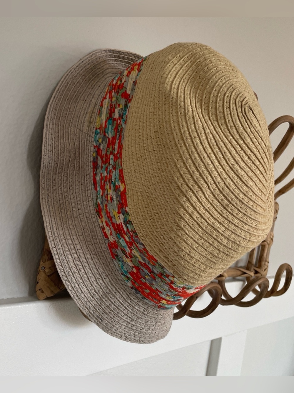 D&Y Neutral-Tone Woven Straw Summer Beach Hat with floral ribbon detail. Bucket